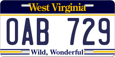 WV license plate OAB729