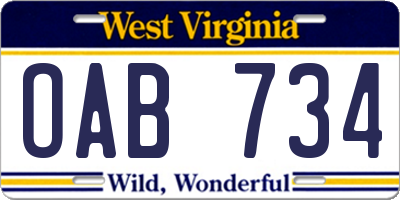 WV license plate OAB734