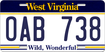 WV license plate OAB738