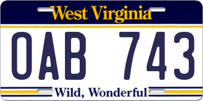 WV license plate OAB743