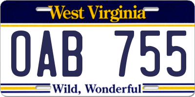 WV license plate OAB755