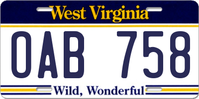 WV license plate OAB758