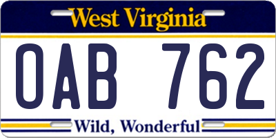 WV license plate OAB762