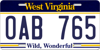WV license plate OAB765