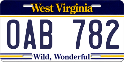 WV license plate OAB782
