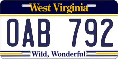 WV license plate OAB792