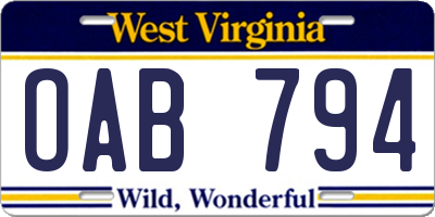 WV license plate OAB794