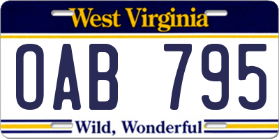 WV license plate OAB795