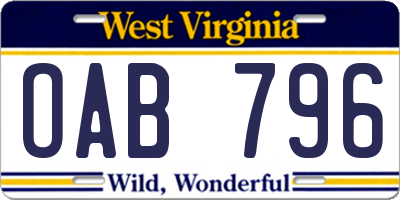 WV license plate OAB796