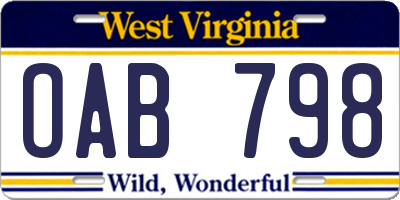 WV license plate OAB798