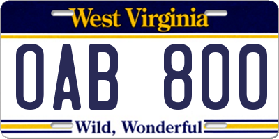 WV license plate OAB800