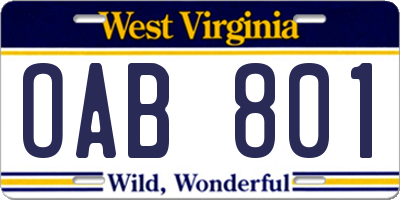 WV license plate OAB801