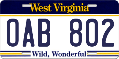WV license plate OAB802