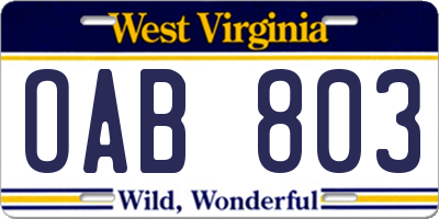 WV license plate OAB803