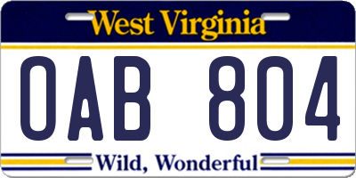 WV license plate OAB804