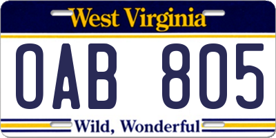 WV license plate OAB805
