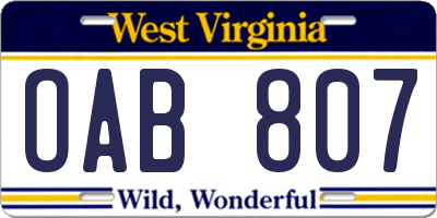 WV license plate OAB807