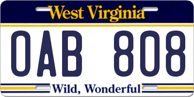 WV license plate OAB808