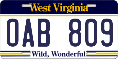 WV license plate OAB809