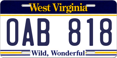 WV license plate OAB818