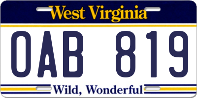 WV license plate OAB819