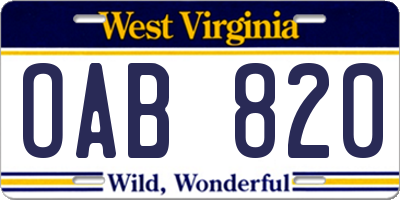 WV license plate OAB820