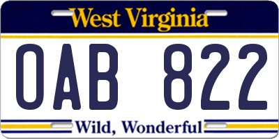 WV license plate OAB822