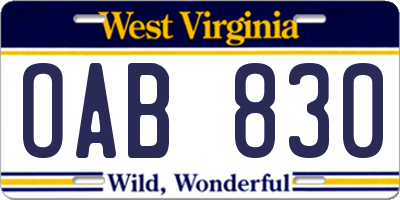 WV license plate OAB830