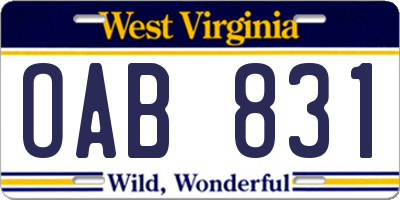 WV license plate OAB831