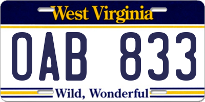 WV license plate OAB833