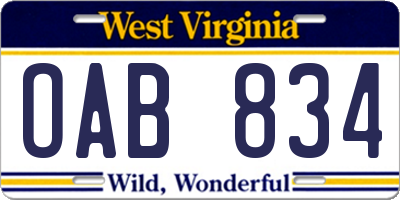 WV license plate OAB834