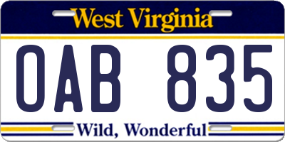 WV license plate OAB835