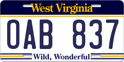 WV license plate OAB837