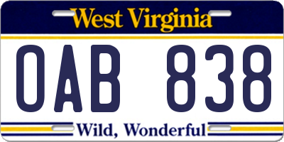 WV license plate OAB838