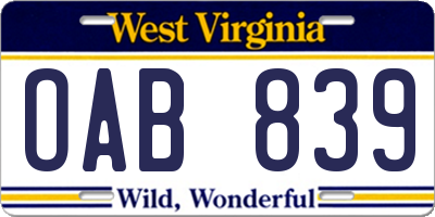 WV license plate OAB839