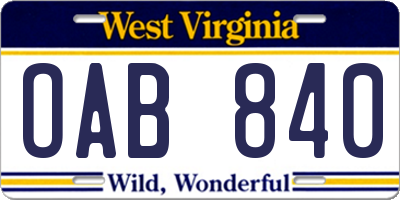 WV license plate OAB840