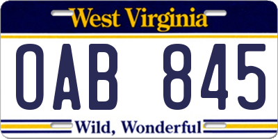 WV license plate OAB845