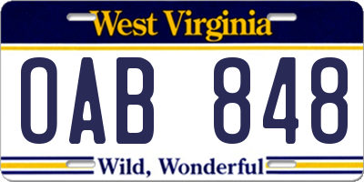 WV license plate OAB848