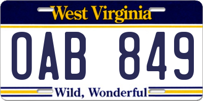 WV license plate OAB849