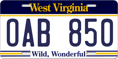 WV license plate OAB850