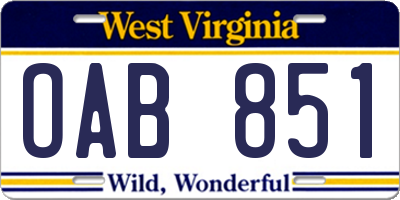 WV license plate OAB851