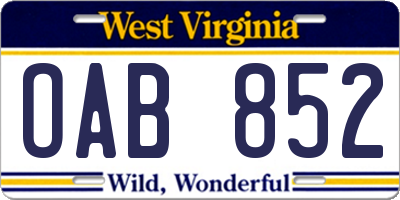 WV license plate OAB852