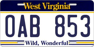 WV license plate OAB853