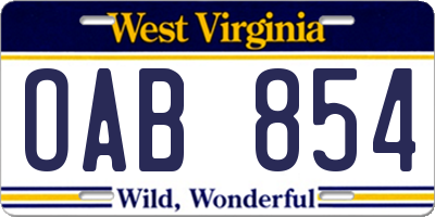 WV license plate OAB854