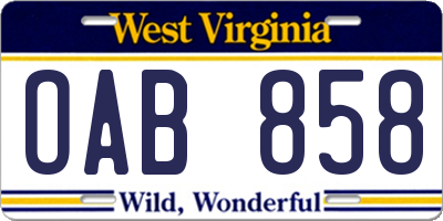 WV license plate OAB858