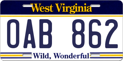 WV license plate OAB862