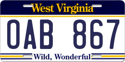 WV license plate OAB867