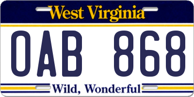 WV license plate OAB868