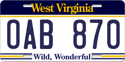 WV license plate OAB870
