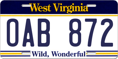 WV license plate OAB872